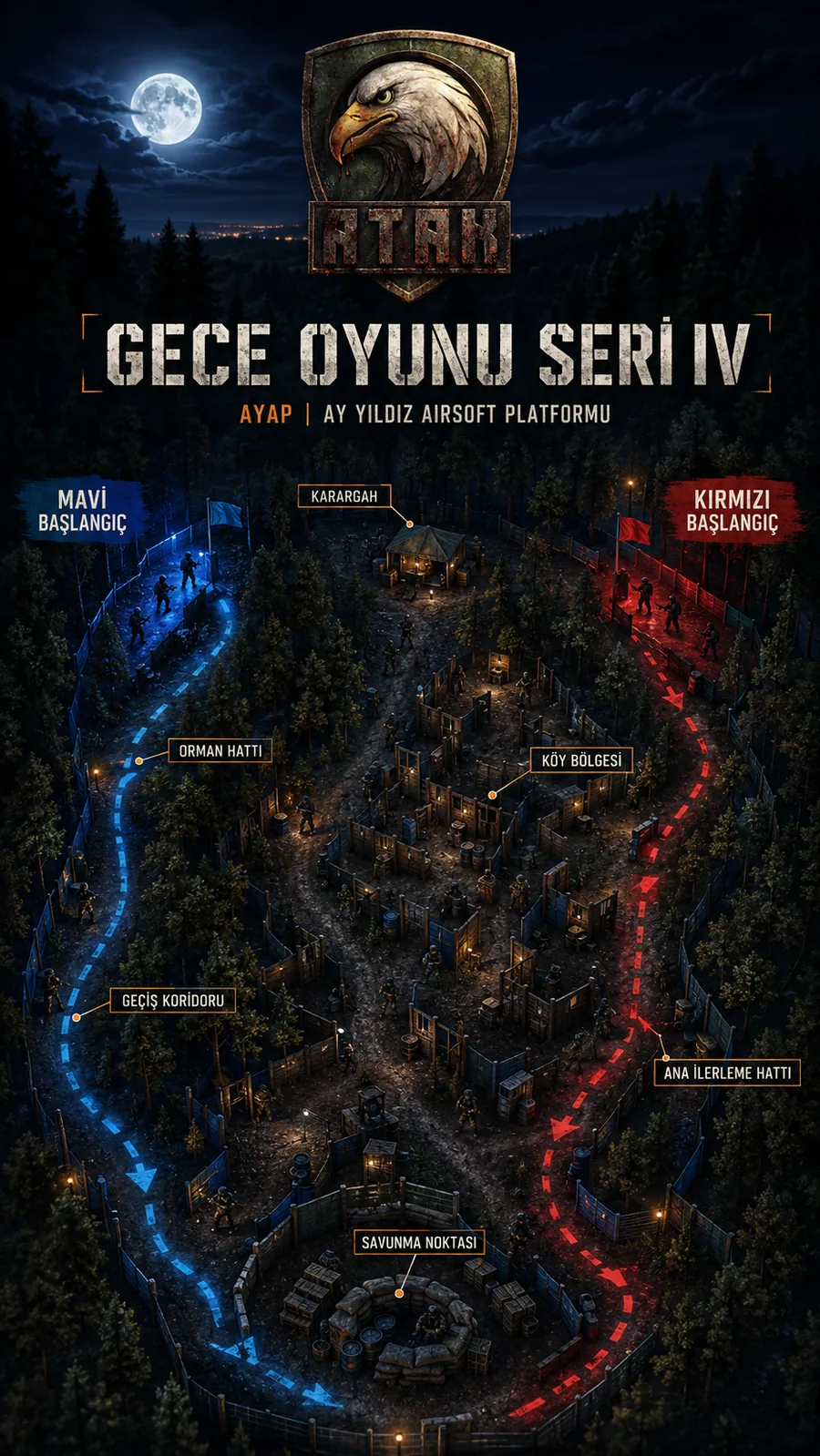 Gece Oyunu Seri IV taktik haritası — mavi ve kırmızı başlangıç hatları, köy bölgesi, karargâh ve savunma noktası